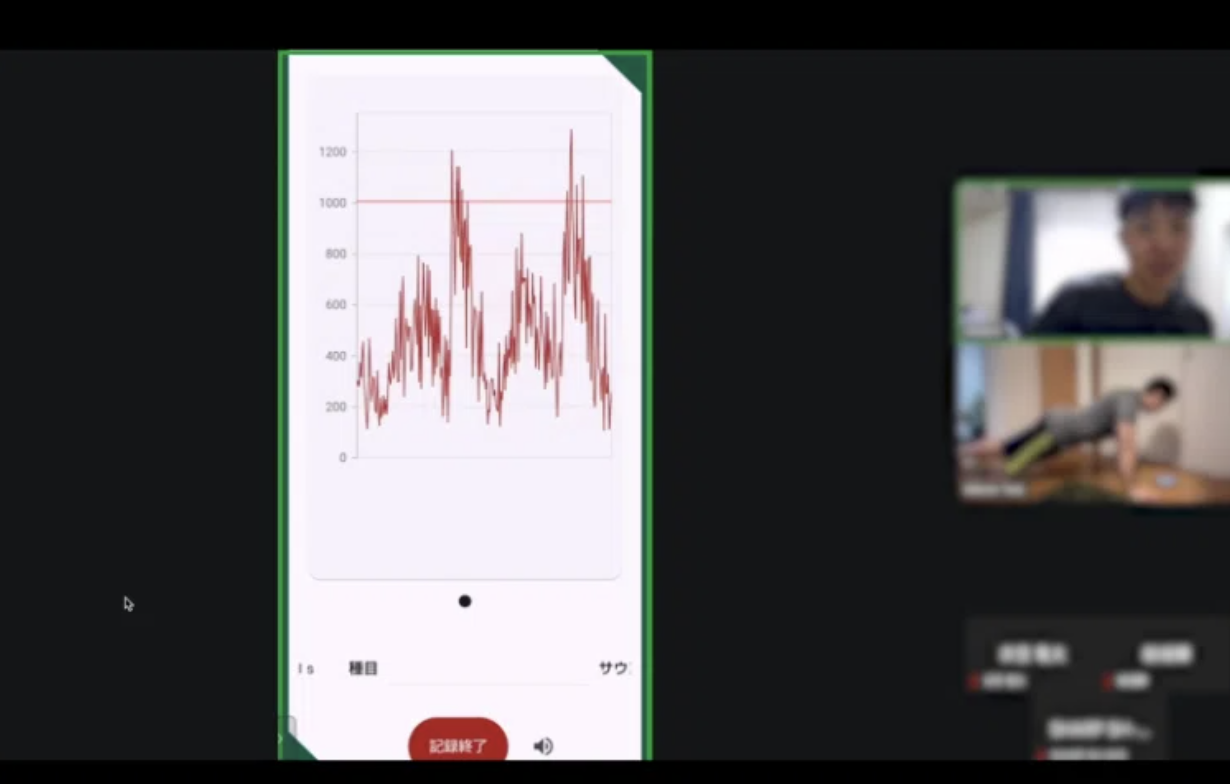 オンライン画面越しに筋肉Phoneの波形を確認しながらリモートで筋力トレーニングをしている様子